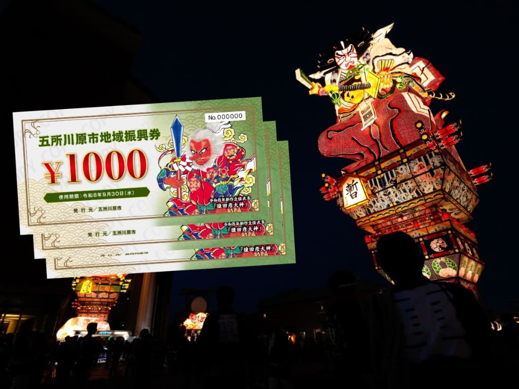 立佞武多と五所川原市地域振興券（立佞武多・鹽田大神と振興券のイメージ）